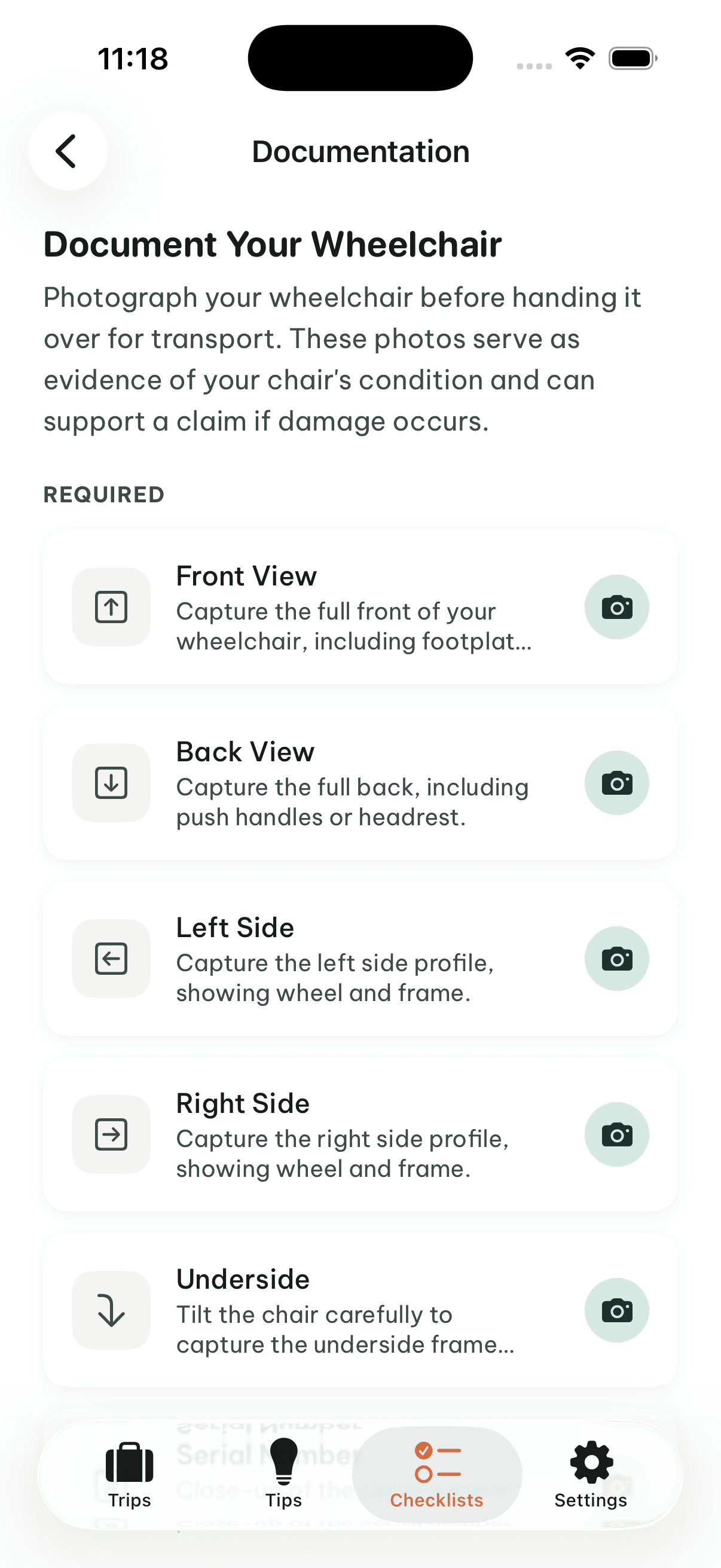 RollReady documentation screen showing guided wheelchair photo capture with front, back, left side, right side, and underside shot list